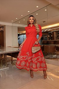 Vestido Midi com Bordado Richelieu Contrastante