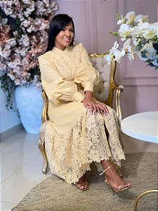 vestido tricoline com renda guipir