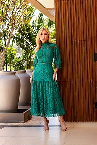 Angelina - Vestido Midi em Renda com Guipir verde