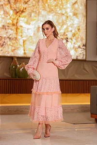 Selena - Vestido Midi em Renda e Tule com Guipir