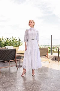 Angelina - Vestido Midi em Renda com Guipir branco