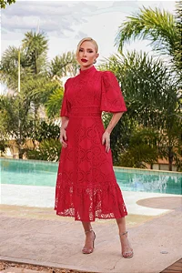 Samara - Vestido Midi em Renda com Guipir vermelho