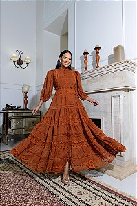 Vestido Longo em Chiffon com Renda Guipure – Pré-Venda Coleção Realeza