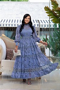 Vestido azul chiffon bordado