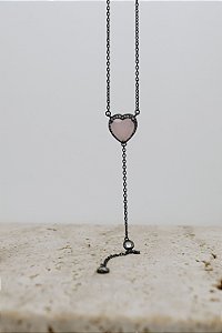 Colar gravatinha Quartzo rosa - Prata com Ródio