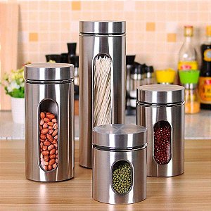 Porta Mantimentos em Aço Inox e vidro 4 Peças Inox - Basic+