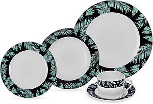 Aparelho de Jantar Folhas com 20 Peças em Porcelana Branca e Verde - Hauskraft