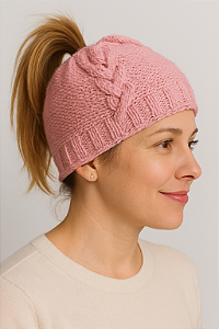 Gorro De Tricô Com Tranças Para Rabo De Cavalo Rosa