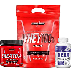 Kit para ganho de massa muscular - 1 creatina 300g Integralmedica + 1 whey 100% Refil 900g Integralmedica + BCAA Concentrado 1500mg com 120 Tabletes Healt Labs