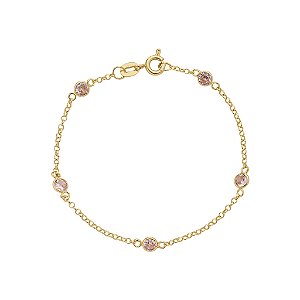 Pulseira Em Ouro Veneziana Infantil Pedra Rosa 10k