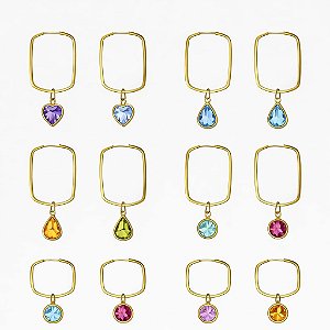 KIT BRINCO RETANGULAR REDONDO 18MM COM PINGENTE 5MM EM OURO