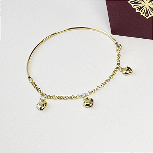 Bracelete Berloques Amendoa 2 Mm 3 Corações Amarelo Em Ouro Dourado 6.5 Cm 19 Cm