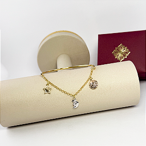 Bracelete Berloques Amendoa Astrológico Tricolor Em Ouro Dourado 6.5 Cm 19 Cm