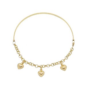 BRACELETE BERLOQUES CHATO 2 MM 3 CORAÇÕES AMARELO EM OURO 19 CM