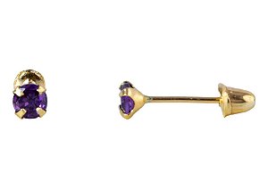 Brinco com Tarraxa Ponto de Luz Zircônia Lilás 3mm em Ouro 18k