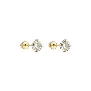 Brinco com Tarraxa Ponto de Luz Zircônia Branco 4mm em Ouro 18k