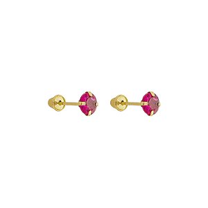 Brinco com Tarraxa Ponto de Luz Zircônia Rosa 4mm em Ouro 18k