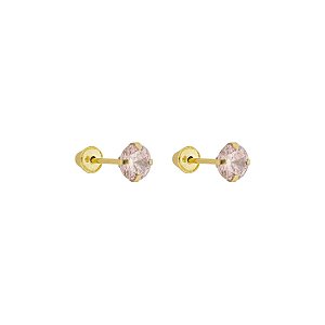 Brinco com Tarraxa Ponto de Luz Zircônia Rosa Claro 4mm em Ouro 18k
