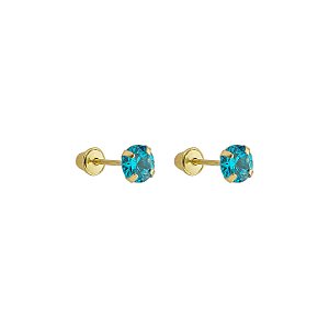 Brinco com Tarraxa Ponto de Luz Zircônia Azul Claro 4mm em Ouro 18k