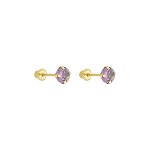 Brinco com Tarraxa Ponto de Luz Zircônia Lilás 4mm em Ouro 18k