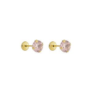 Brinco com Tarraxa Ponto de Luz Zircônia Rosa Claro 5mm em Ouro 18k