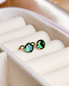 Brinco com Tarraxa Ponto de Luz Zircônia Verde 5mm em Ouro 18k