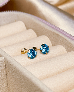 Brinco com Tarraxa Ponto de Luz Zircônia Azul Claro 5mm em Ouro 18k