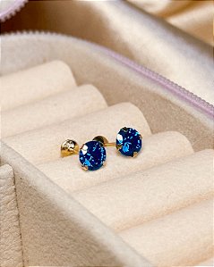 Brinco com Tarraxa Ponto de Luz Zircônia Azul 5mm em Ouro 18k