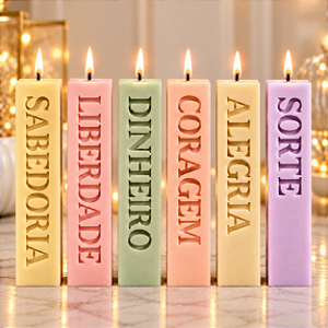 Molde de Silicone - Vela - Palavras - Sorte - Alegria - Coragem - Dinheiro - Liberdade - Sabedoria