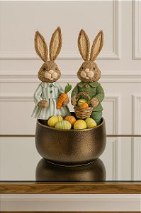 Arranjo Páscoa c/ 2 Coelhos Vaso Ouro