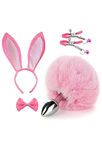 Kit BDSM Coelhinha - Plug Anal Pompom + Tiara + Prendedor de Mamilos + Lacinho