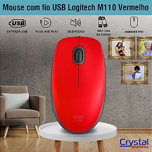 Mouse com fio USB Logitech M110 Vermelho, Plug-and-play, Silencioso, 1000 DPI, 910-006755
