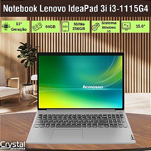 Notebook Lenovo IdeaPad 3i i3-1115G4 4GB 256GB SSD Intel UHD Graphics Windows 11 15.6 Cinza