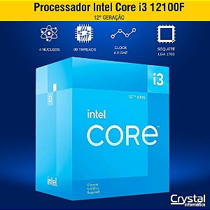 Processador Intel Core i3 12100F, 12ª Geração, 3.3GHz, 4.3GHz Turbo, 4 Cores, 8 Threads, 12MB Cache, LGA 1700, BX8071512100F