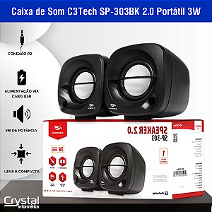 Caixa de Som C3Tech SP-303BK 2.0 Portátil 3W RMS Preta