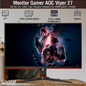 Monitor Gamer AOC Viper 27 Pol, Full HD, VA, 165Hz, 1ms, FreeSync Premium Pro, HDMI/VGA/DP, 27G2SE
