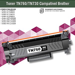 Toner TN760 Compatível Brother, HL-L2350DW, HL-L2370DW, HL-L2395DW, HL-L2390DW, DCP-L2550DW, MFC-L2710DW, MFC-L2750DW, MFC-L2730DW, 3000 Páginas