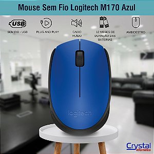 Mouse sem fio Logitech M170 Azul, Design Ambidestro, Compacto, Conexão USB, Pilha Inclusa, 910-004800
