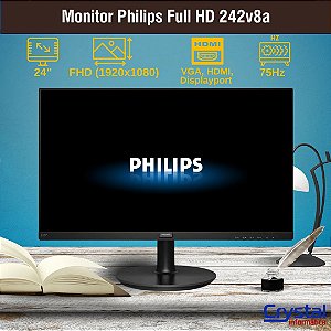 Monitor Philips 24 LED Full HD 242v8a, 75hz, IPS, Hdmi, VGA e Display Port, VESA, Multimidia, Adaptive-sync