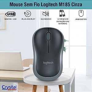 Mouse Sem Fio Logitech M185 Cinza, Design Ambidestro, Compacto, Pilha Inclusa, 910-002225