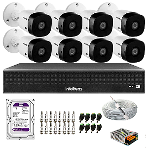 Kit 8 Câmeras Intelbras VHL 1220B Full HD 1080 Lite, DVR Intelbras MHDX 1208, HD Purple 1TB, Cabo Coaxial, Cabos e Conectores