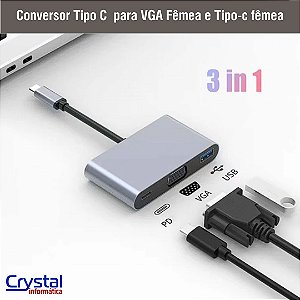 Conversor Adaptador USB Tipo C Macho para VGA Fêmea e USB 3.0
