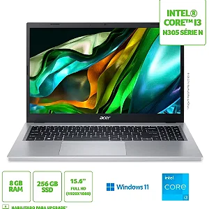 Notebook Acer Aspire 3 A315-510P-34XC, Processador Intel Core I3, Windows 11 Home, 8GB de Memória, 256GB SSD, Tela de 15.6"