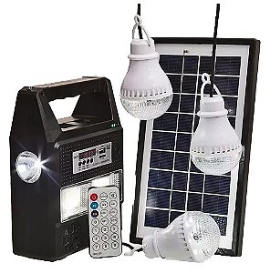 KIT ACAMPAMENTO SOLAR MULTIMIDIA LANTERNA, RÁDIO + LÂMPADAS + CONTROLE + ENTRADA USB + CABOS