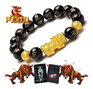 Pulseira Feng Shui Dragão Pixiu Obsidiana Original +bag Lobo