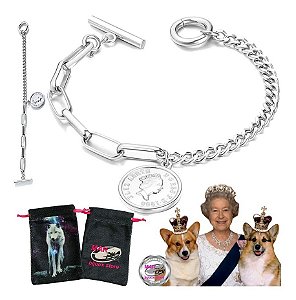 Pulseira Ingland Aço Inox Coin Rainha Elizabeth Ii +bag Lobo