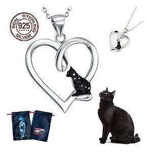 Colar Pingente Gato Preto Coração Prata 925 Gatti Cuore +bag