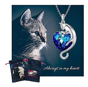 Colar Coração De Cristal Azul Gato Always Cat +bag Gatos