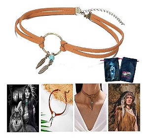 Colar Gargantilha Choker Couro Indígena C/ Penas + Bag Lobo