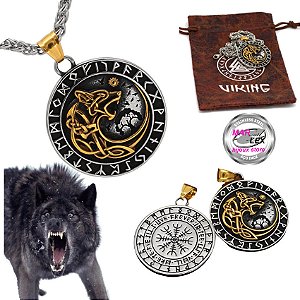 Colar Pingente Medalhão Valknut Lobo Viking Dupla Face +bag